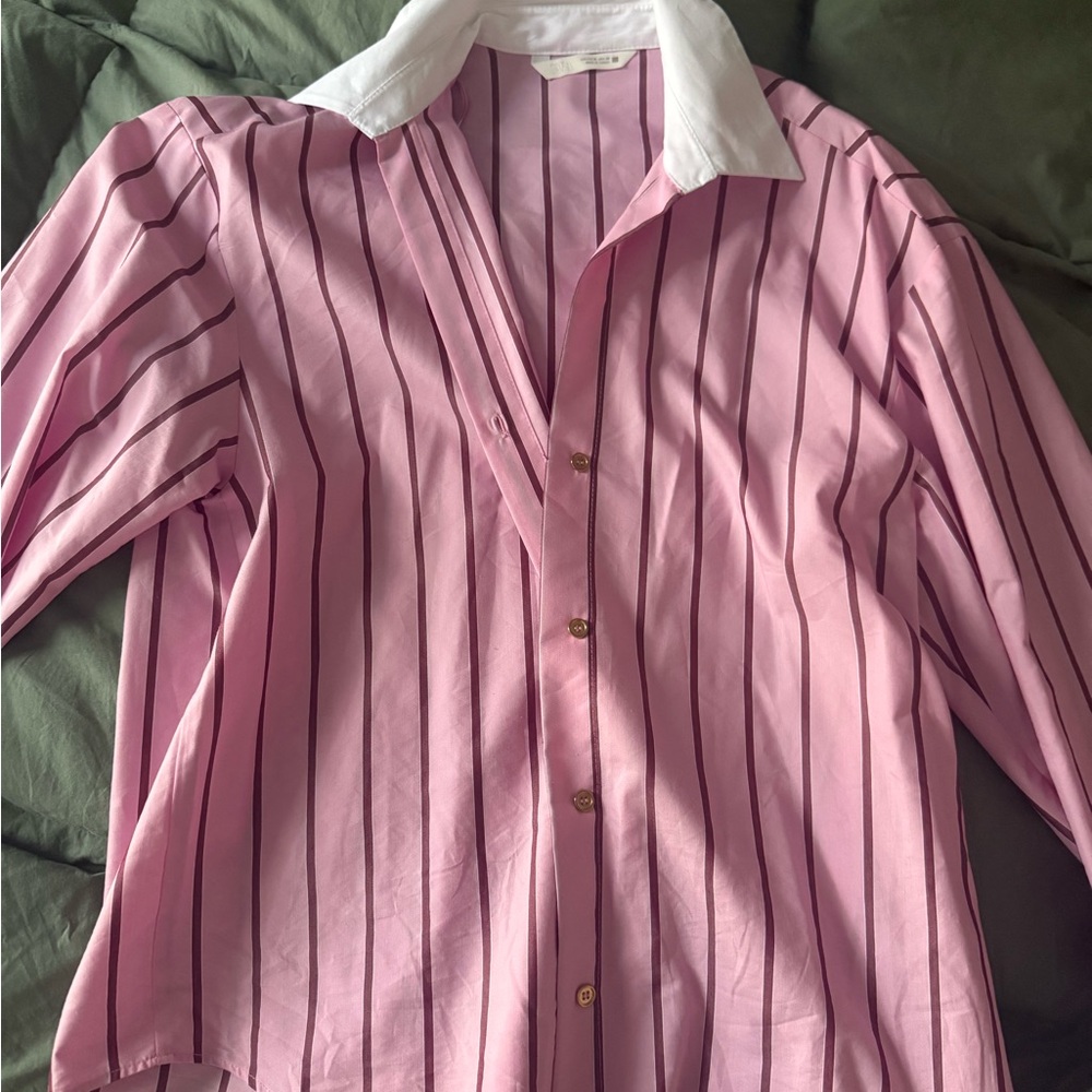 Zara Pink Stripe Button-Down Shirt with White Collar
